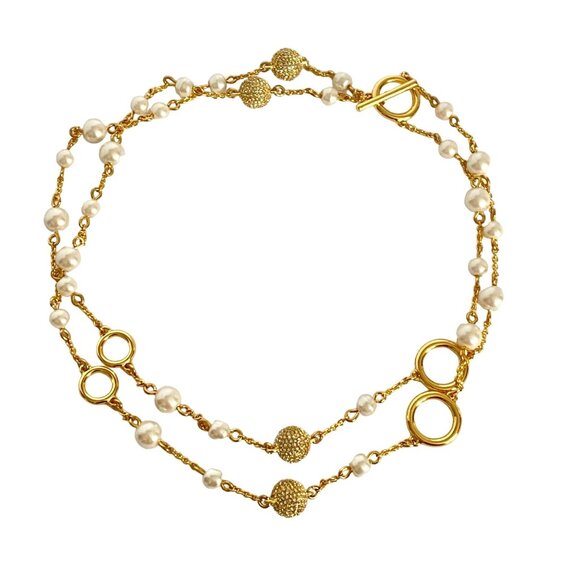 Talbots Pearls Rhinestone Balls Elegant Gold Tone Long or Double Necklace 36in - Picture 1 of 11